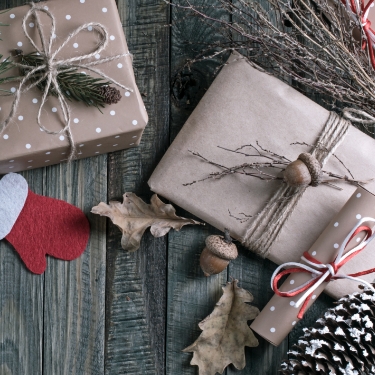 silver presents with woodland decorations