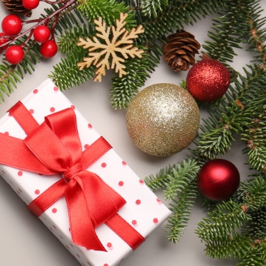 Holiday ornaments and greenery beside a Christmas present with red bow